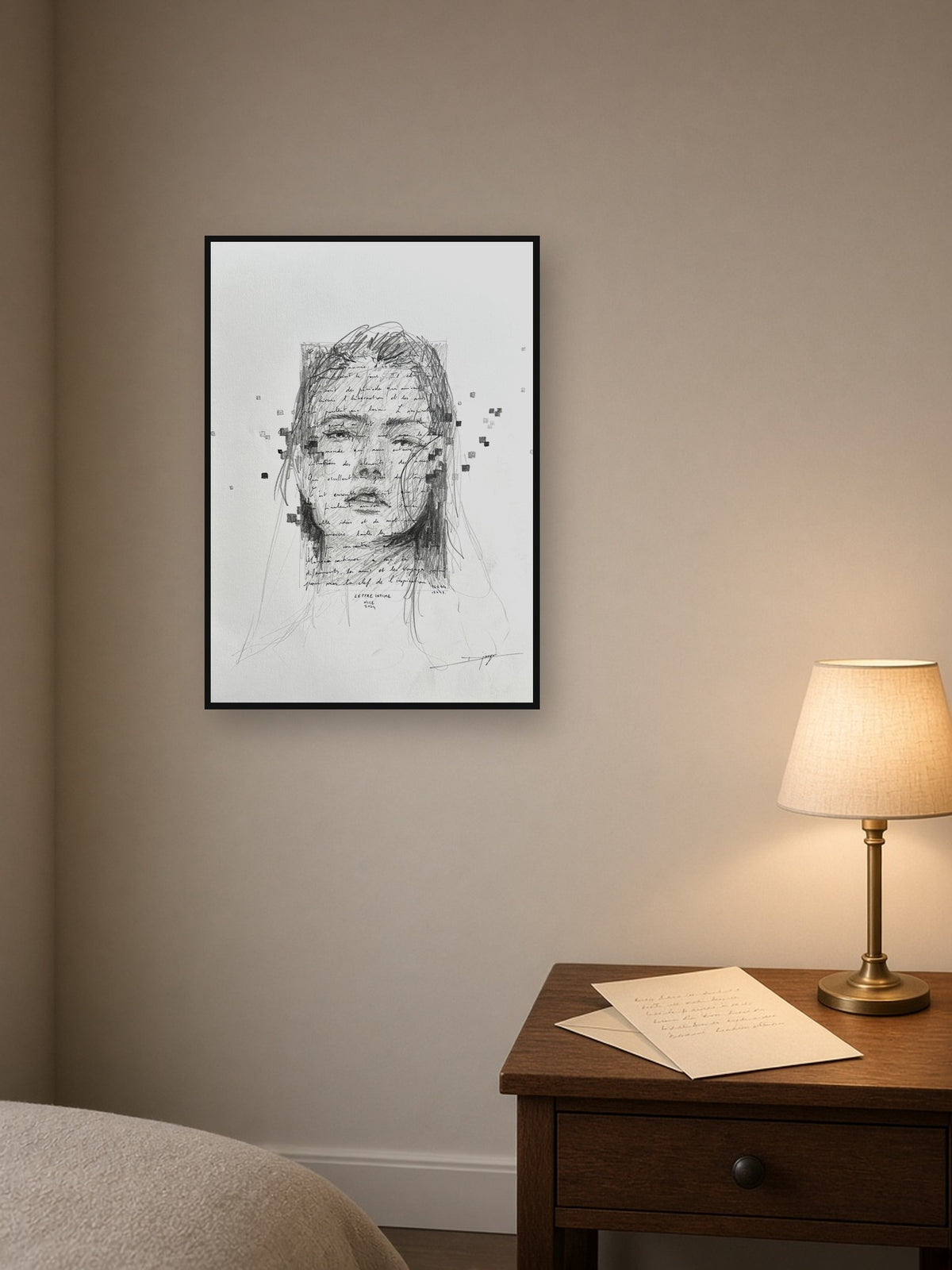 Lettre Intime #12 – mise en situation, encadrée A3 au mur