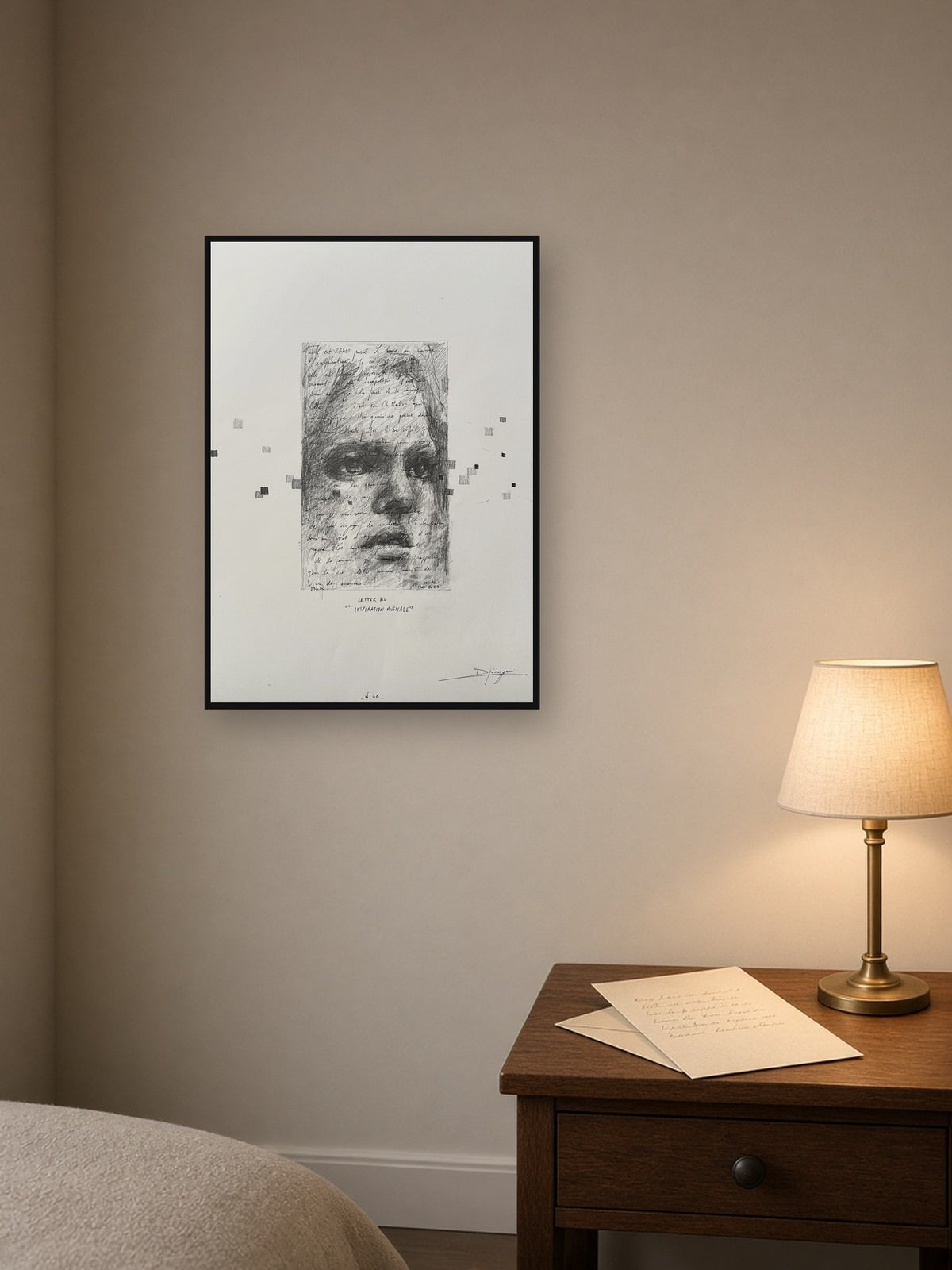 Lettre Intime personnalisée – exemple de mise en situation, encadrée A3 au mur