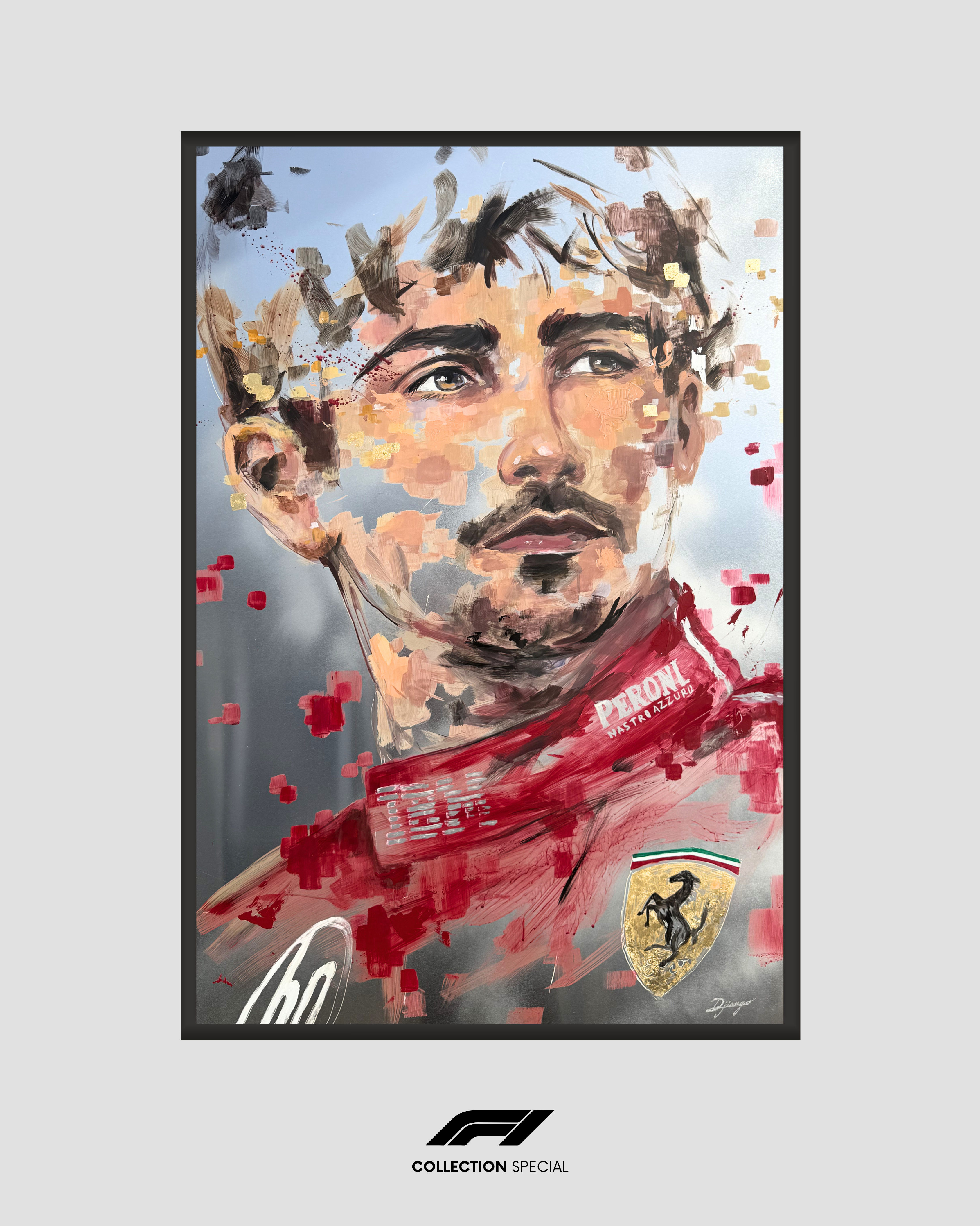 Portrait contemporain de Charles Leclerc, F1, GRAND PRIX DE MONACO, sur aluminium et feuille d'or — œuvre minimaliste de Djiango Artist, Nice. Encadrement bois. réalisé au Yacht Club de Monaco.