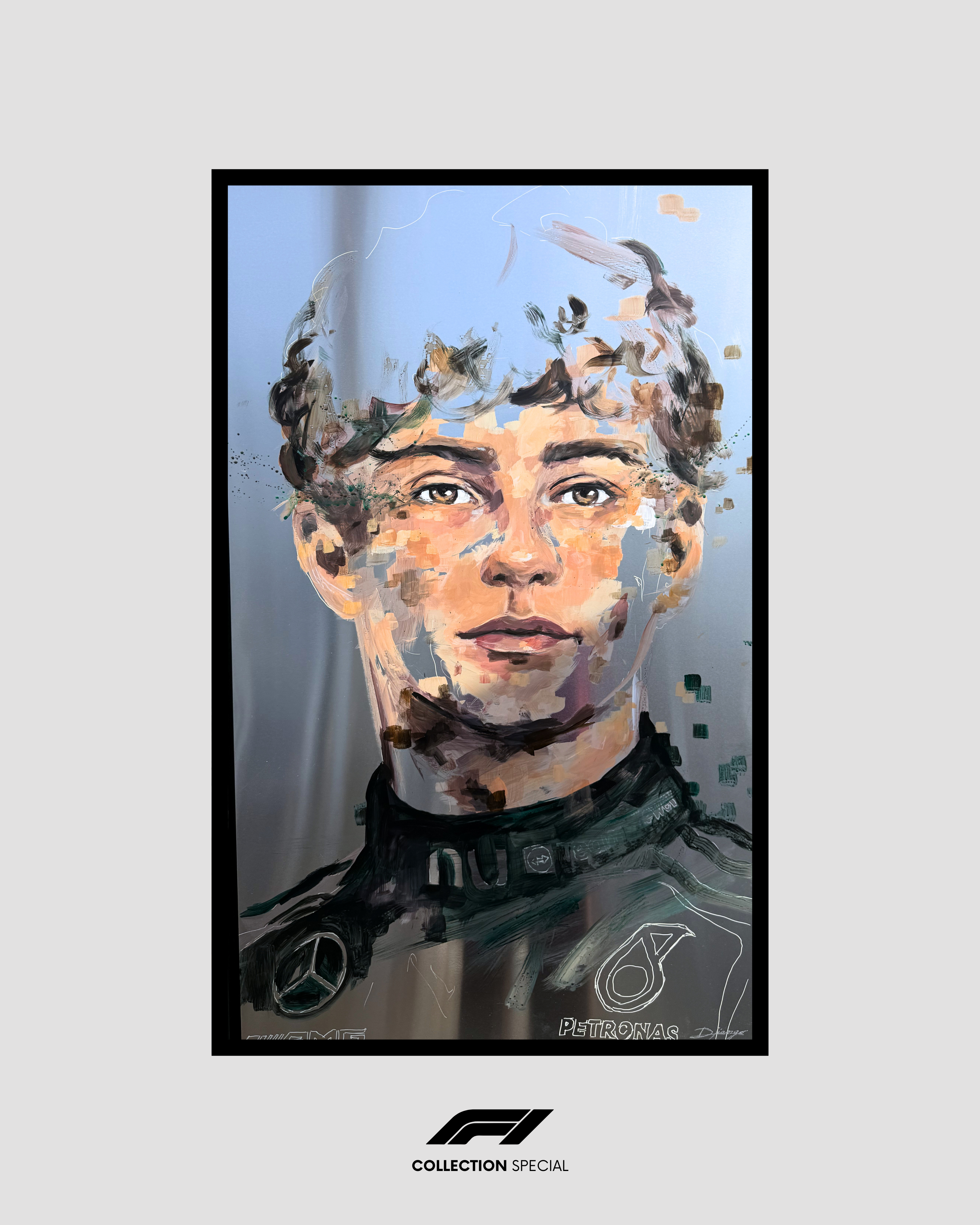 Portrait contemporain KIMI ANTONELLI, F1, GRAND PRIX DE MONACO, sur aluminium et feuille d'or — œuvre minimaliste de Djiango Artist, Nice. Encadrement bois. réalisé au Yacht Club de Monaco.