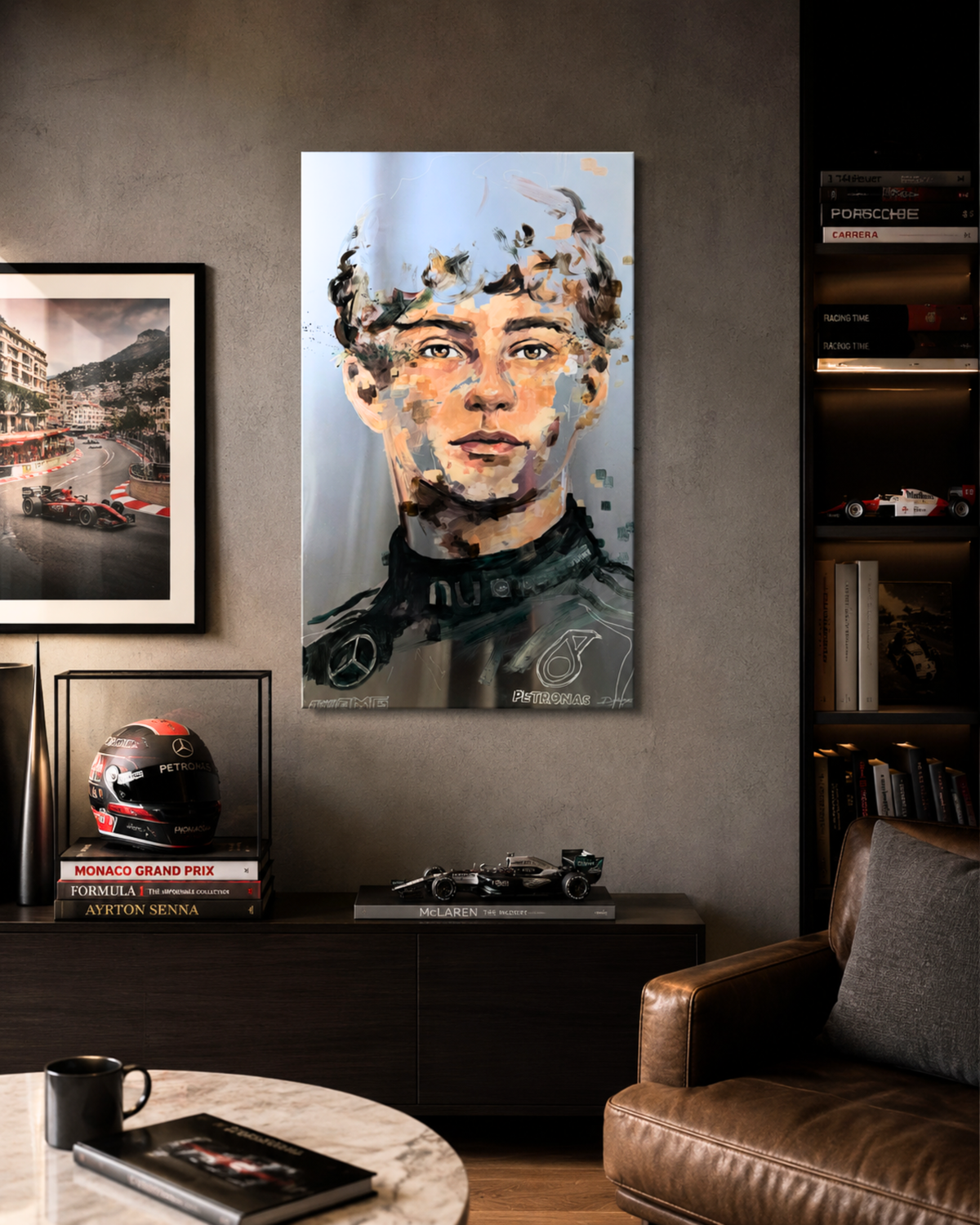 Portrait contemporain du vainqueur KIMI ANTONELLI, F1, GRAND PRIX DE MONACO, sur aluminium et feuille d'or — œuvre minimaliste de Djiango Artist, Nice. Encadrement bois. réalisé au Yacht Club de Monaco.