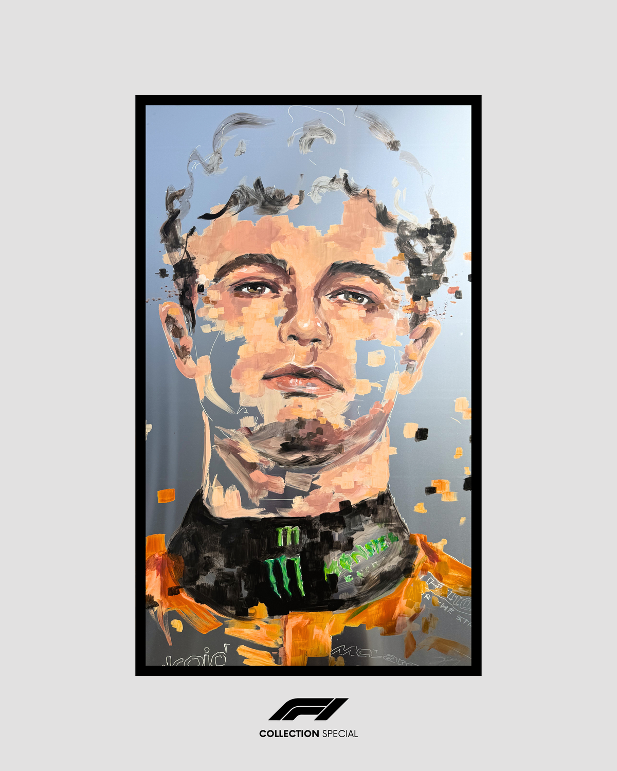 Portrait contemporain LANDO NORRIS F1, GRAND PRIX DE MONACO, sur aluminium et feuille d'or — œuvre minimaliste de Djiango Artist, Nice. Encadrement bois. réalisé au Yacht Club de Monaco.