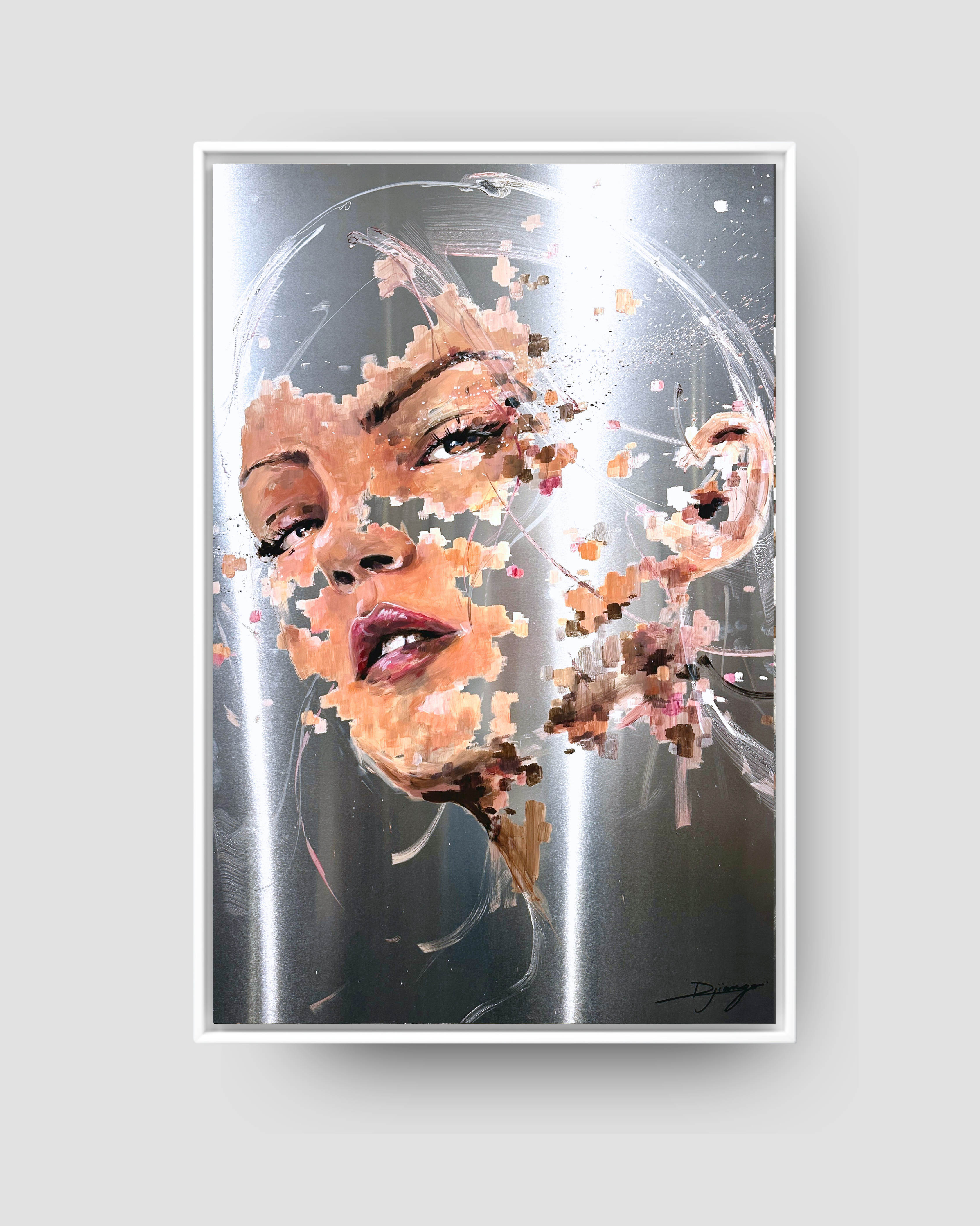 Lenna, portrait contemporain signé Djiango Artist : jeu de contrastes entre feuille d'or et profondeur du regard, sur aluminium. Œuvre originale unique, certificat d'authenticité inclus. Nice & Côte d'Azur.
